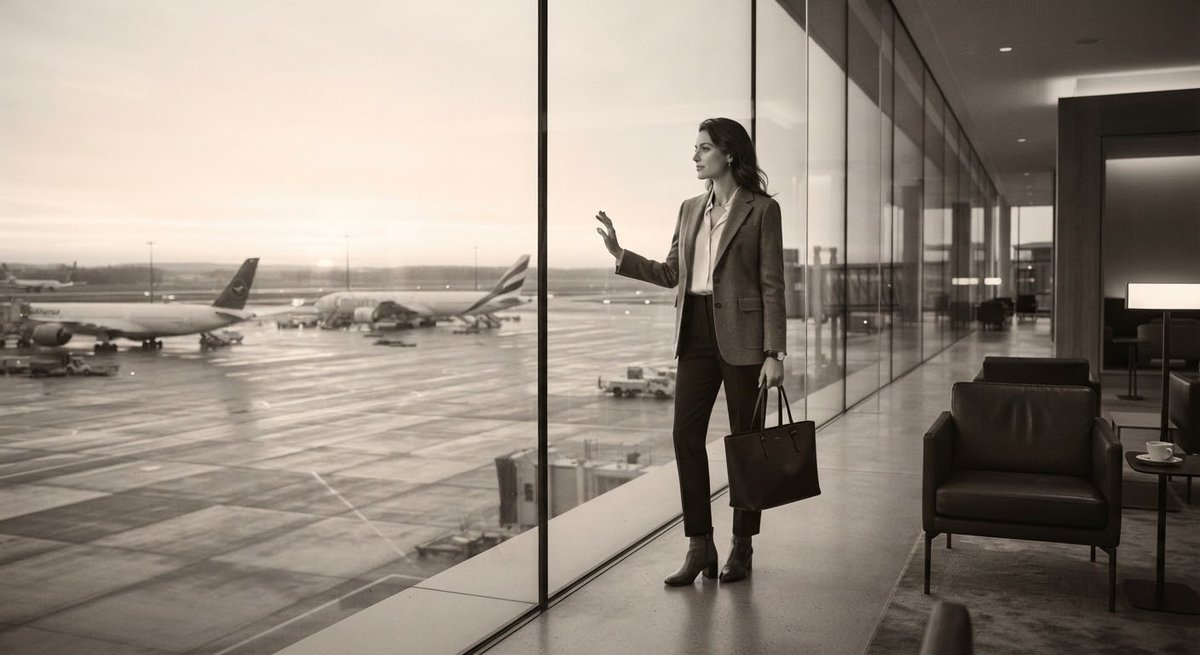 Business travellers with luggage planning a work trip at an office desk