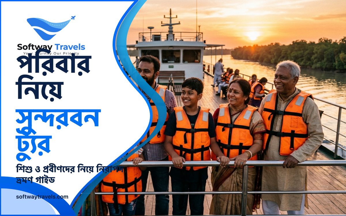 Family with children on a cruise ship deck enjoying sunset over the Sundarbans river