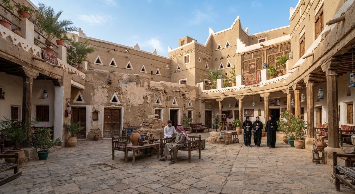 A traditional old-town courtyard with carved wooden balconies in Saudi Arabia