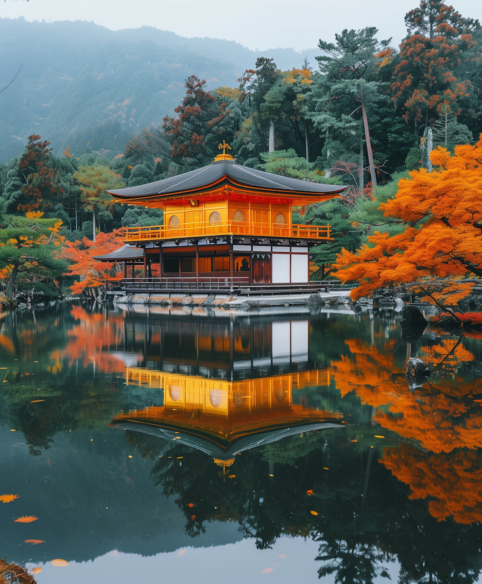 Red and orange maple leaves around a temple in Kyoto in autumn