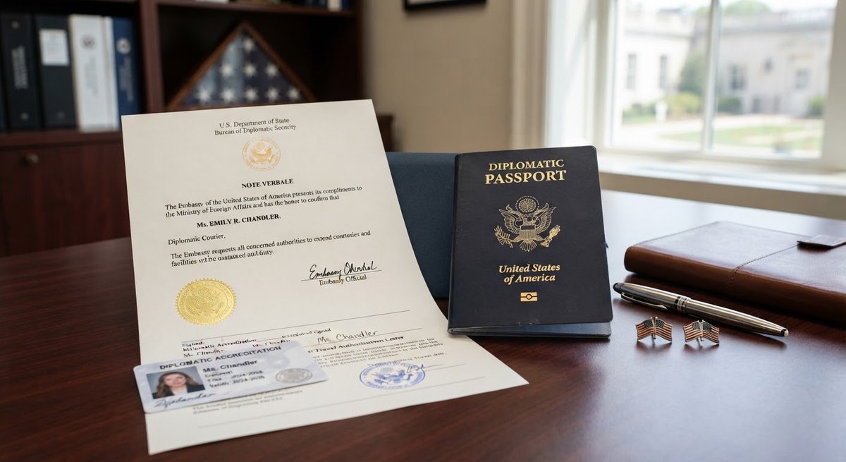 Passport, visa application form and travel documents laid out on a desk