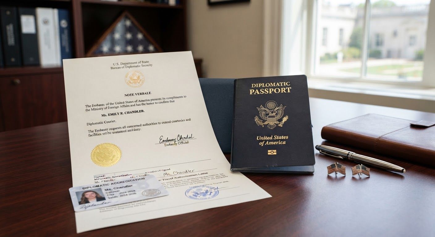 Passport, visa application form and travel documents laid out on a desk