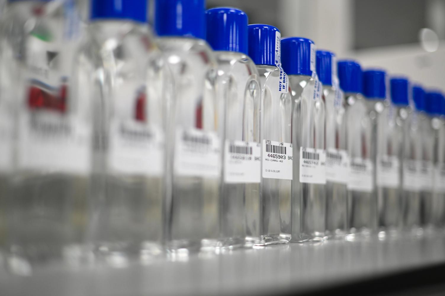 Photograph of sampled water bottles at the SEW laboratory 