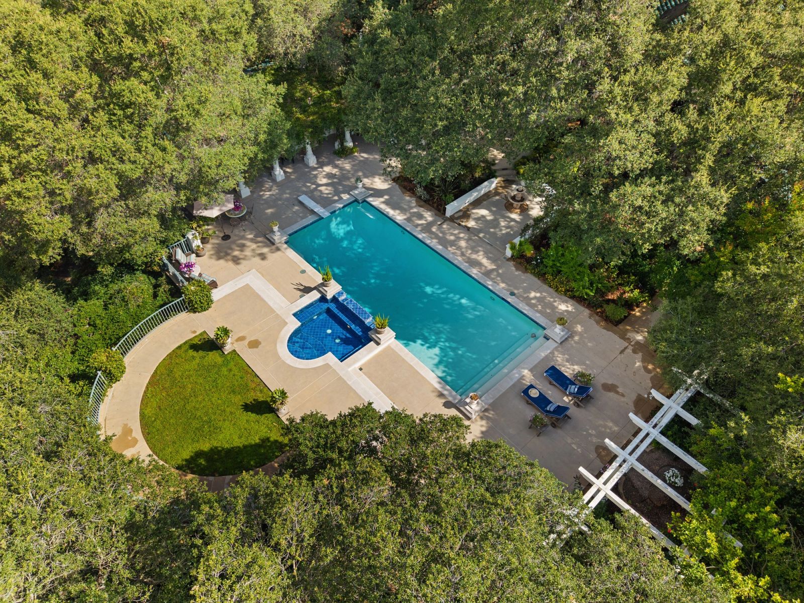 La Cañada Estate — drone aerial over the pool and grounds