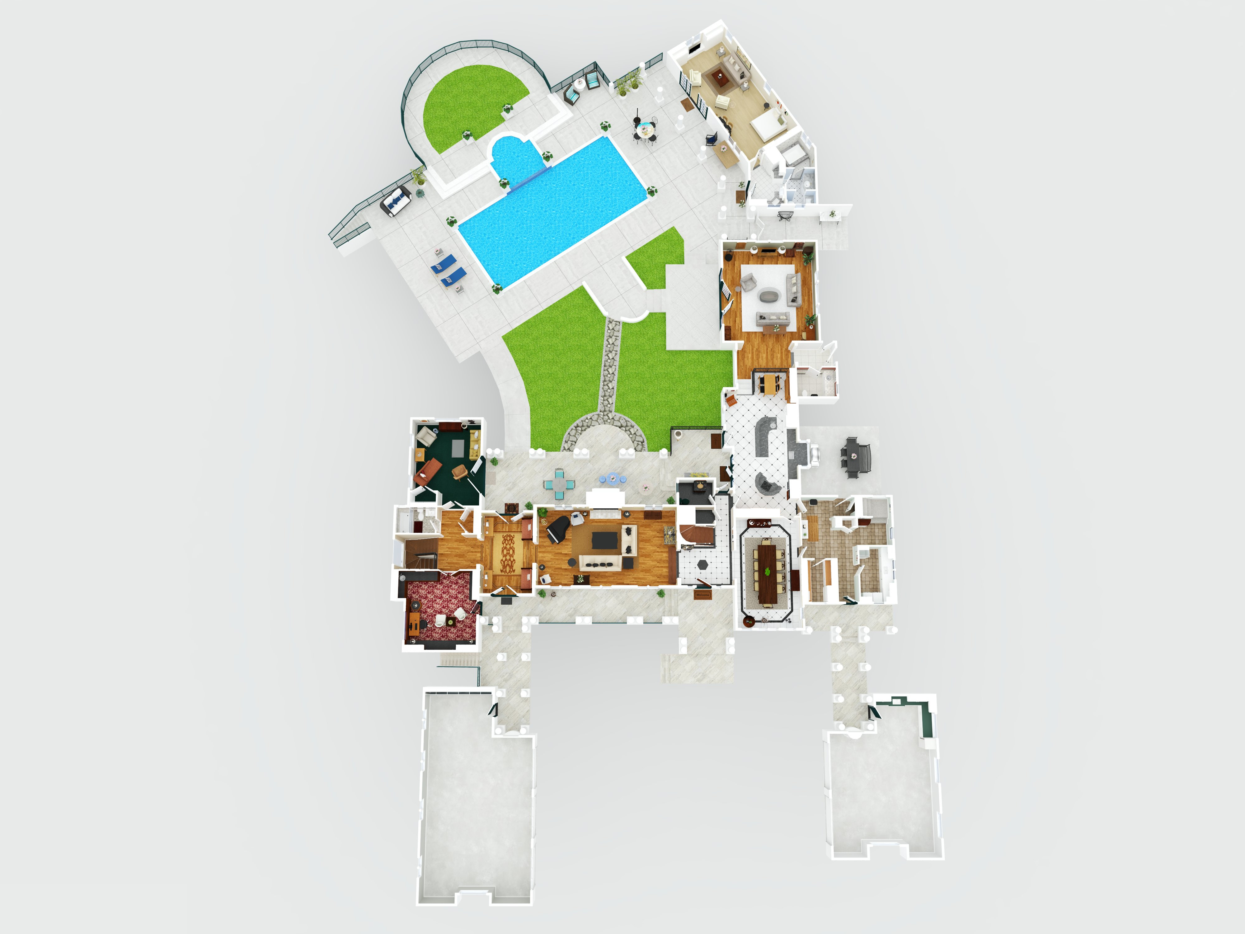 La Cañada Estate — 3D dollhouse render of the main level
