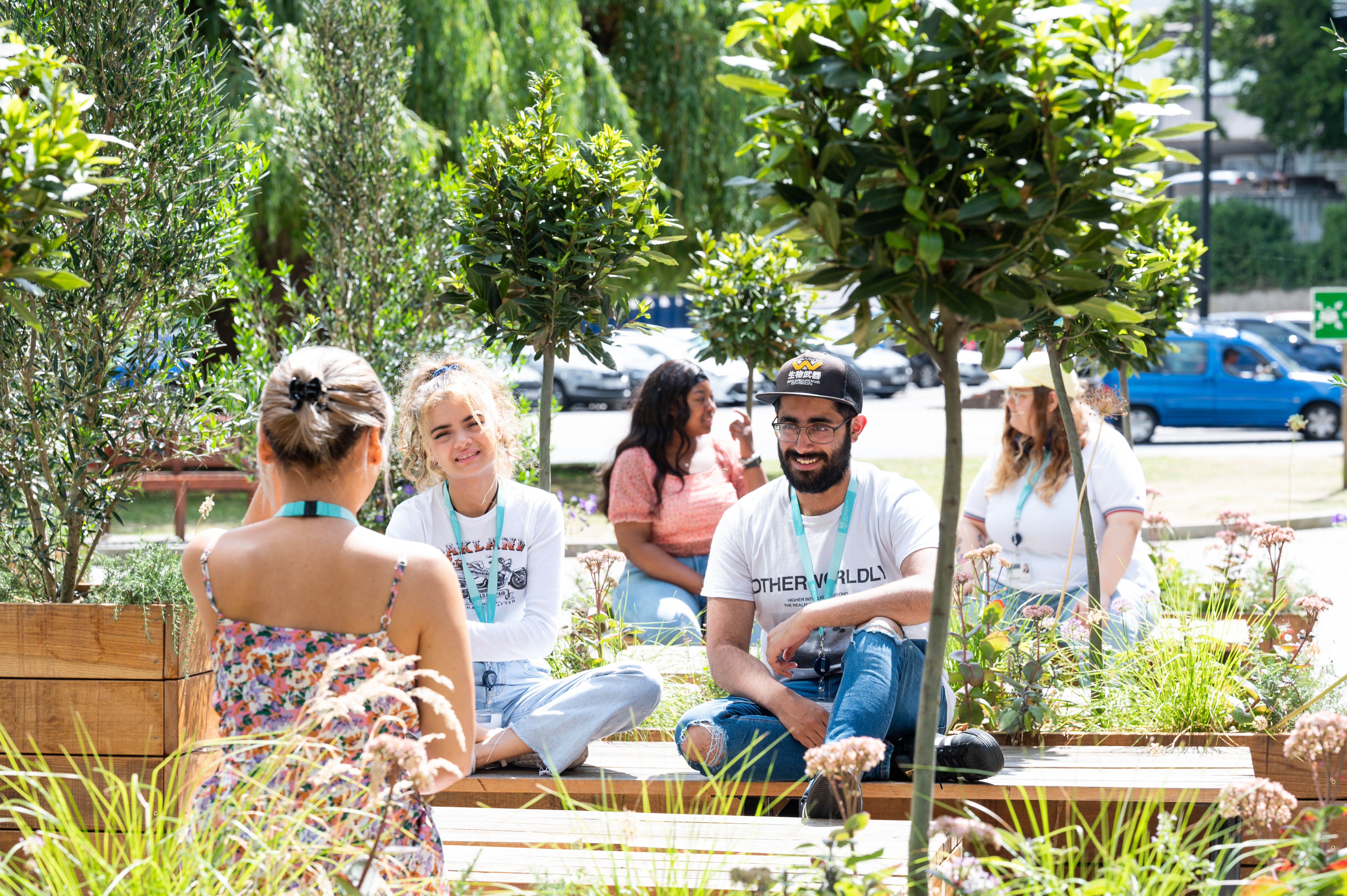 Students in gardens on campus