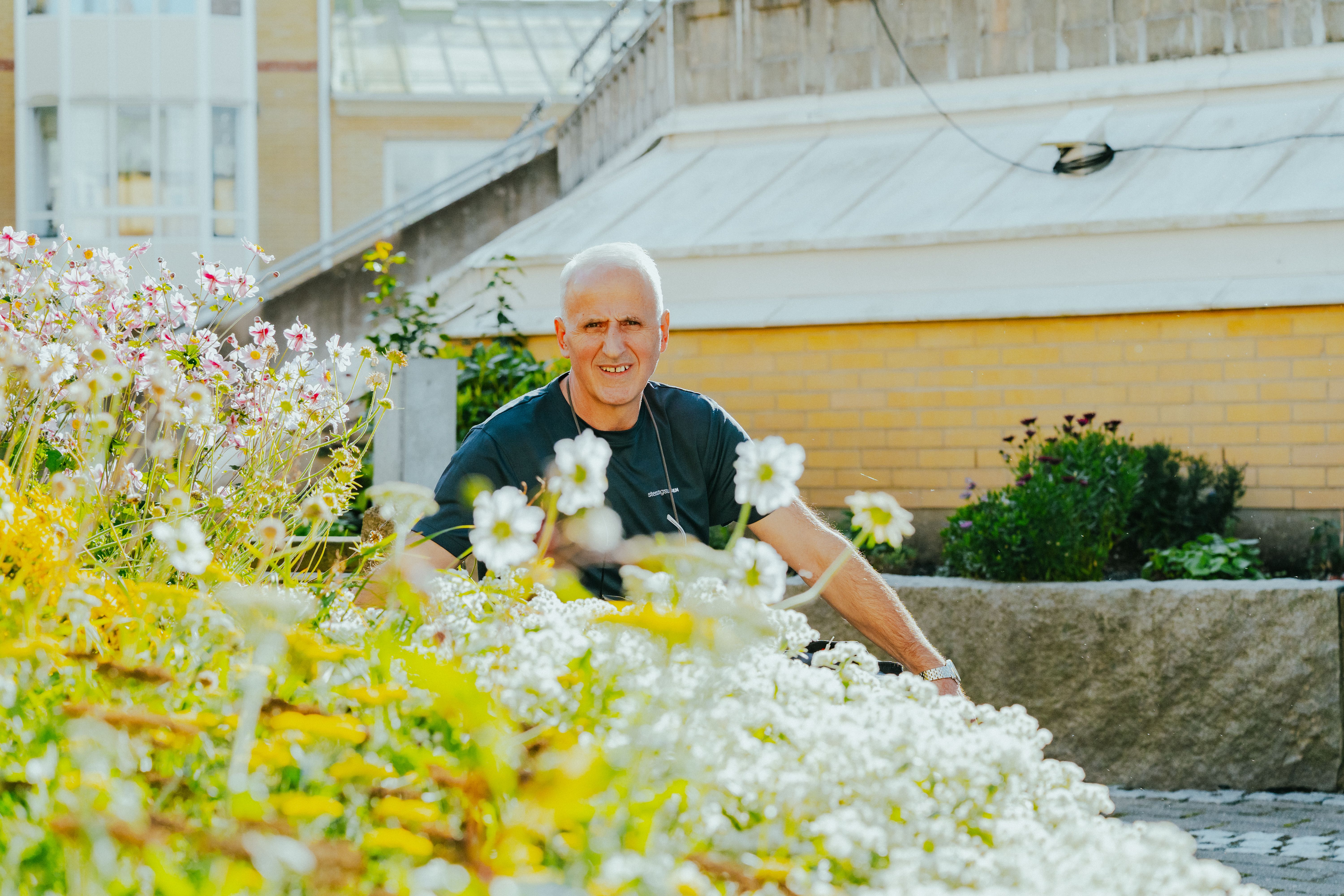 En man sitter omgiven av blommor