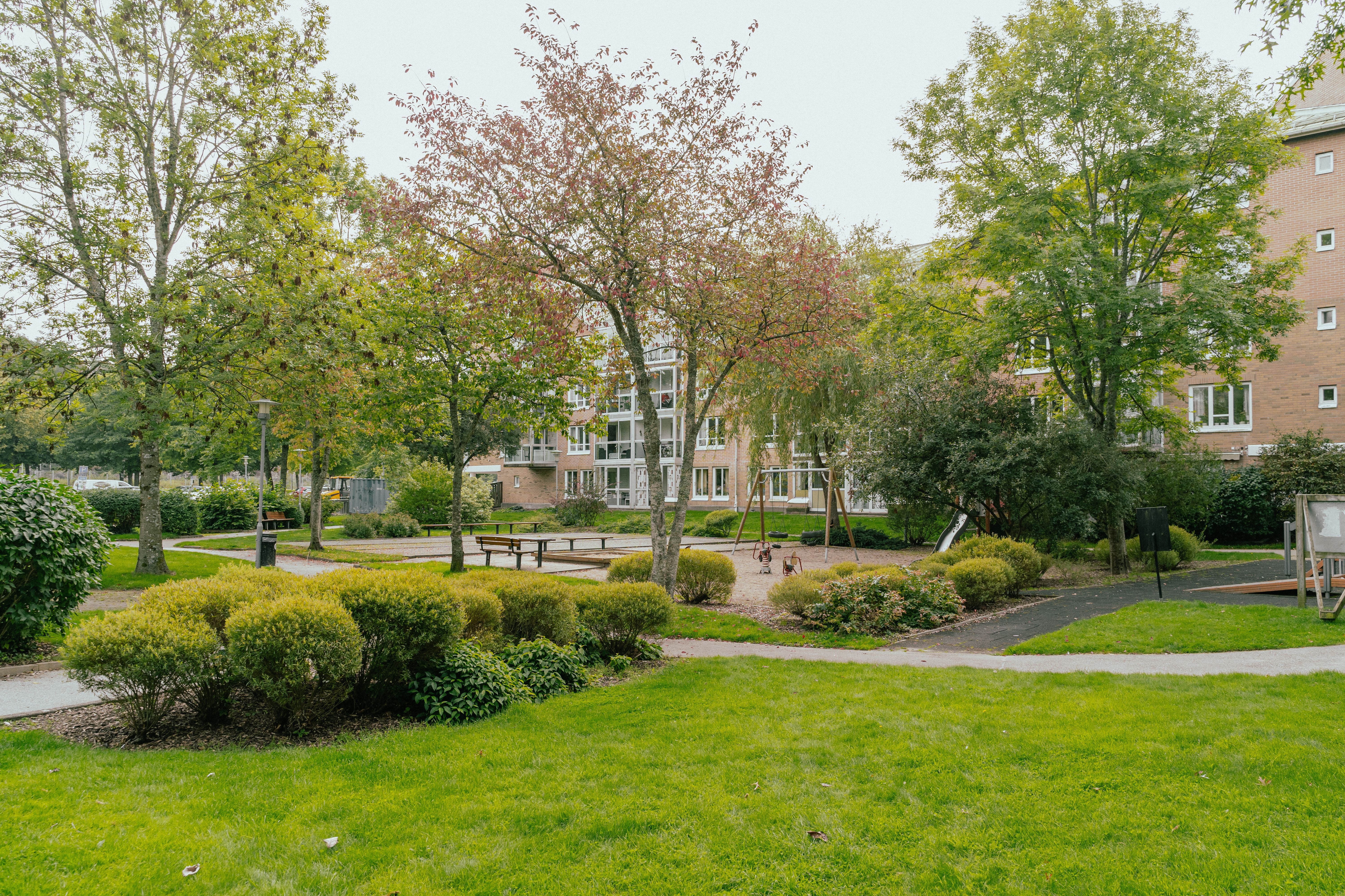 En lekplats bland gräsmattor, träd och buskar