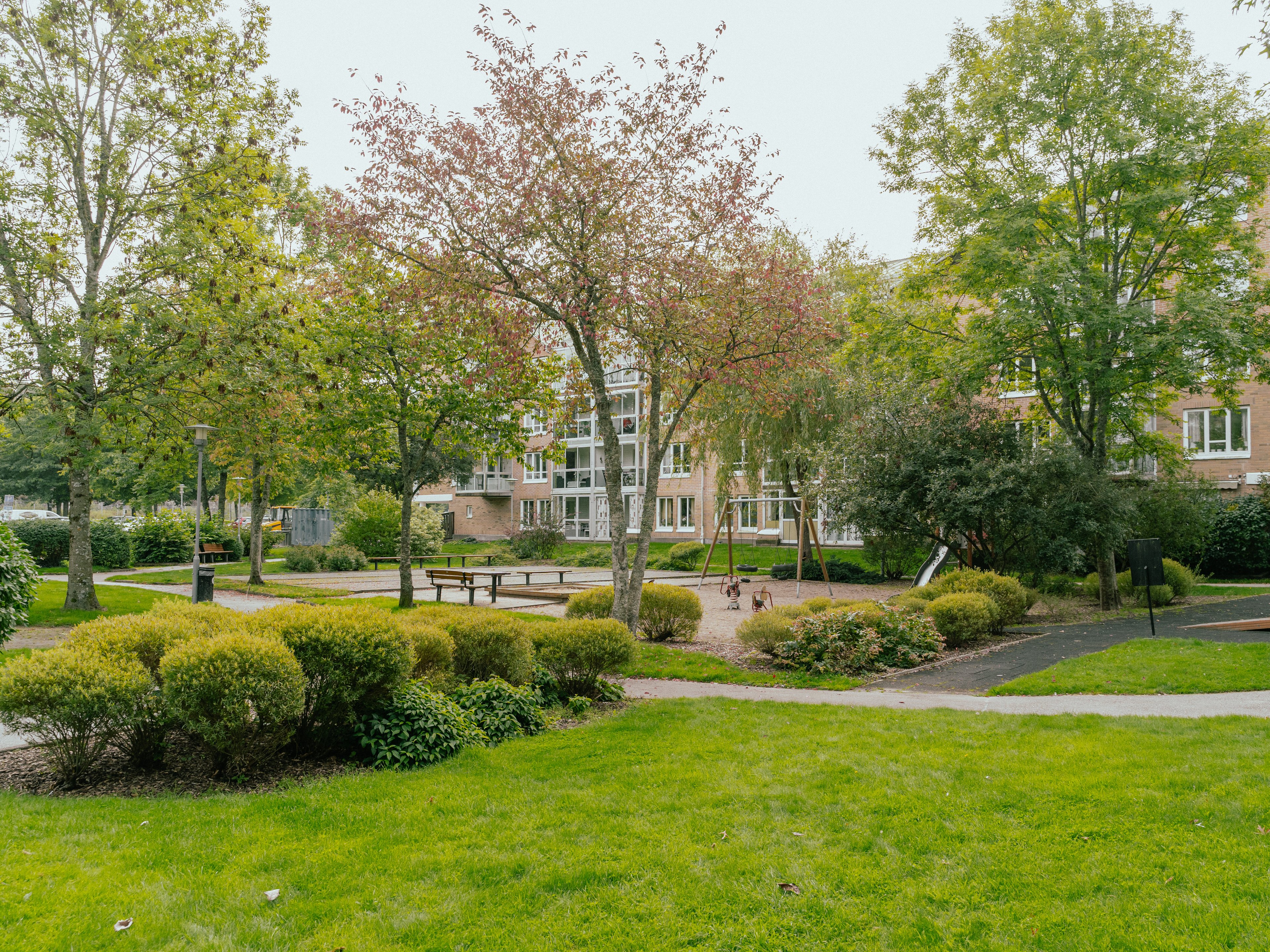 En lekplats bland gräsmattor, träd och buskar