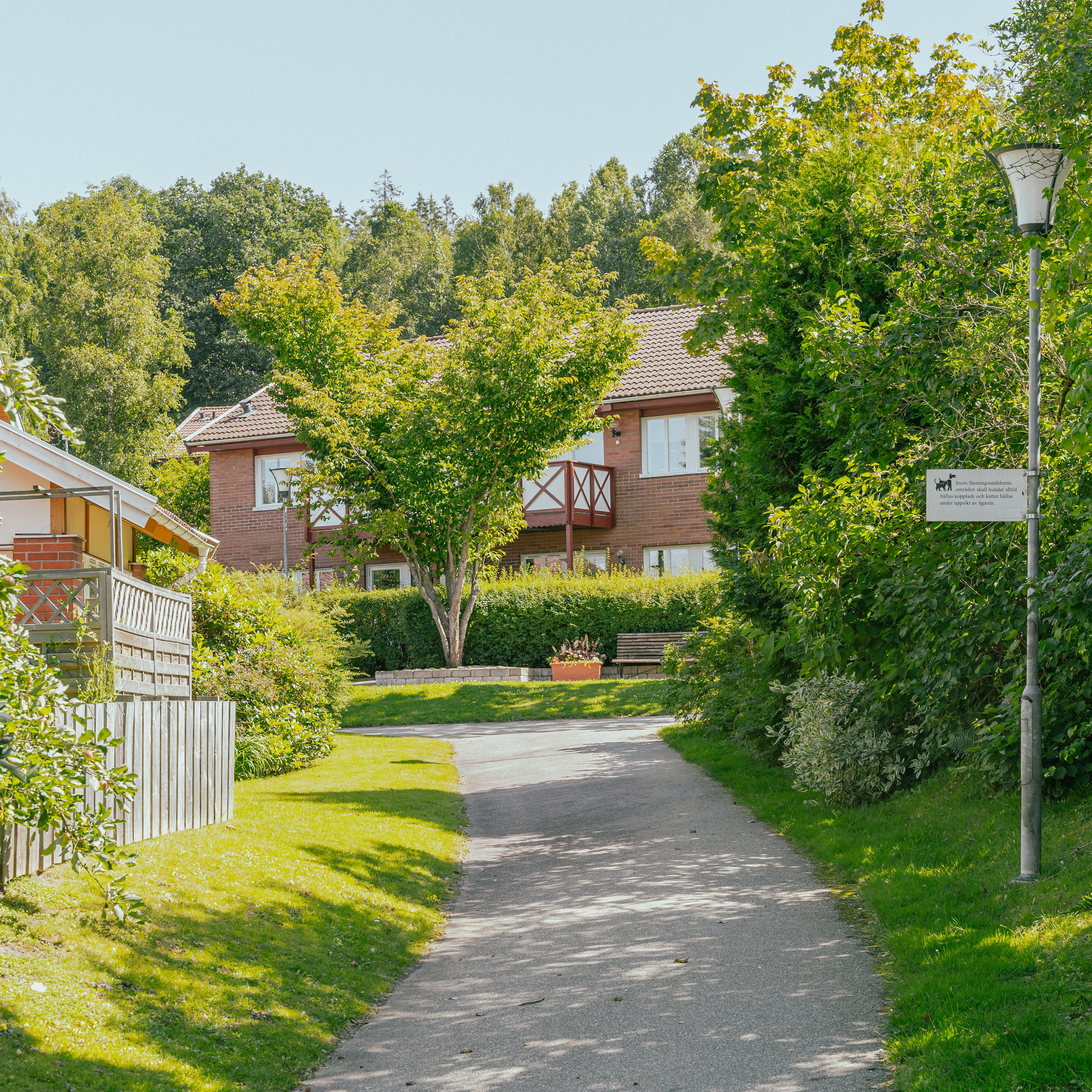 En gångväg med hus på ena sidan och ett stort buskage på andra sidan