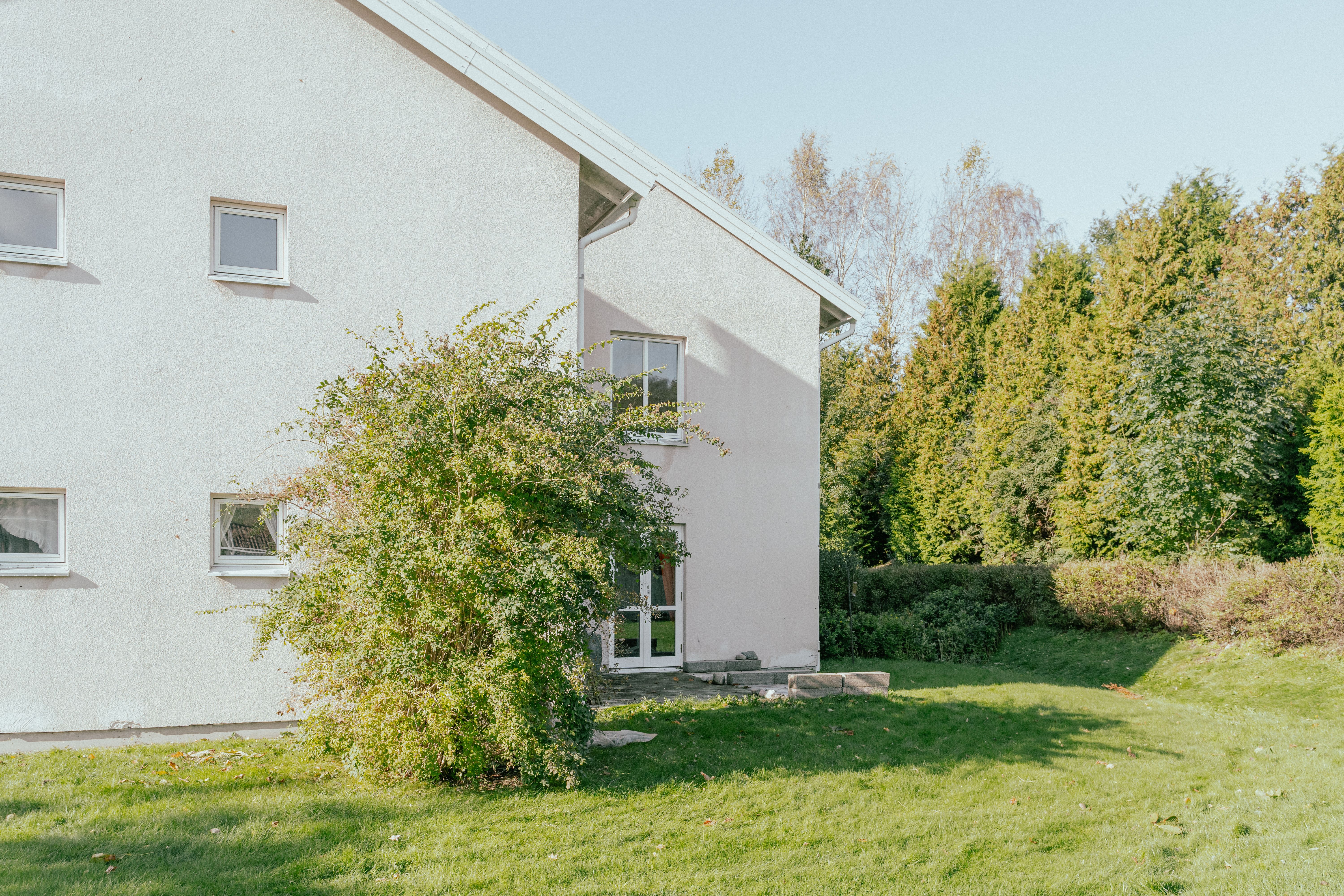 Fasad på tvåvåningshus med gräsmatta och buske