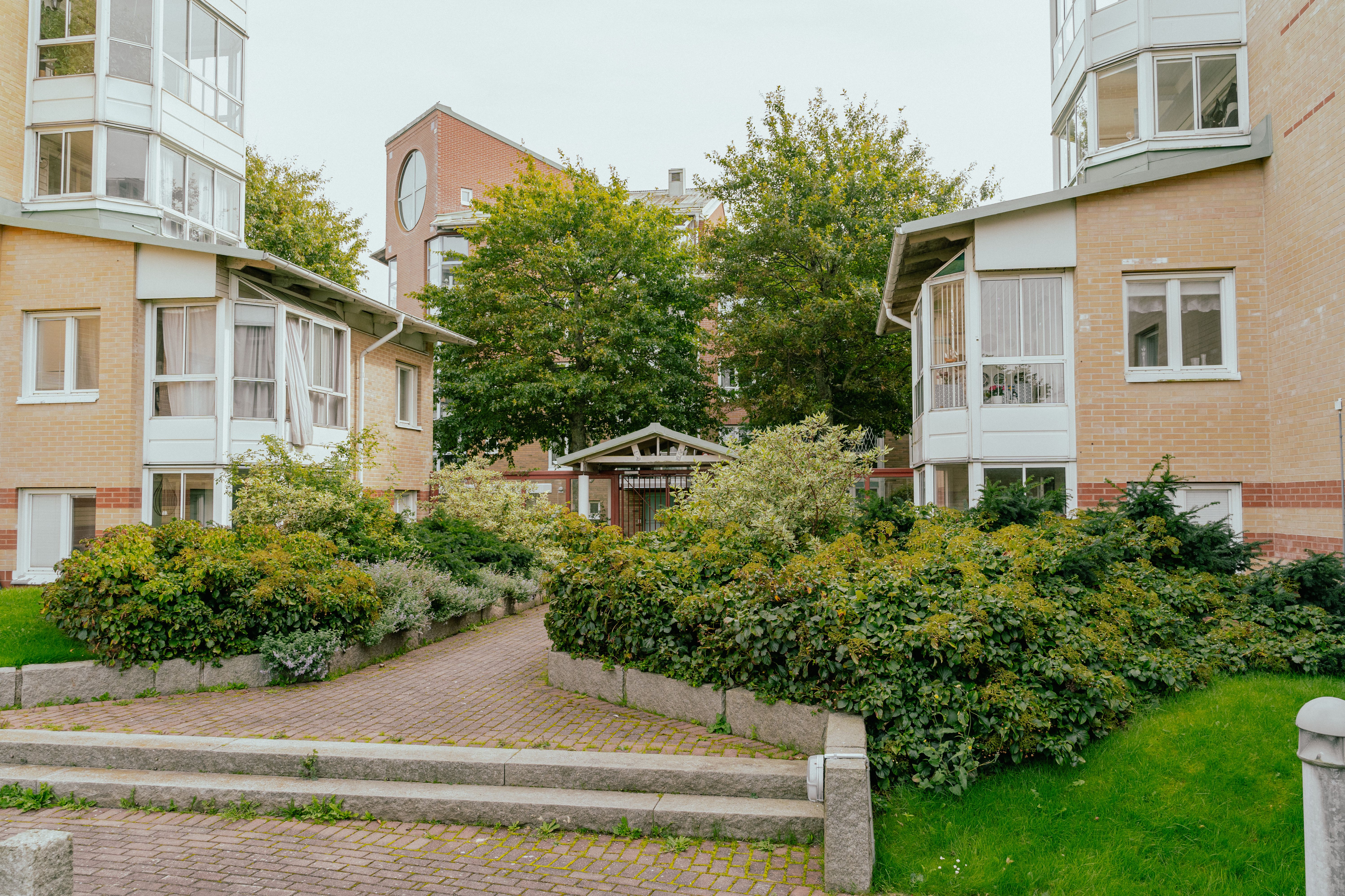 En gång mellan två hus, med gröna planteringar och buskage