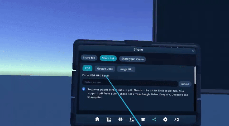 A dynamic GIF illustrating a virtual reality sharing concept. In a VR environment, the user selects a file and utilizes an eyedropper tool to seamlessly transfer and display the chosen content onto a virtual screen. Here they are sharing a google docs presentation which automatically adds two buttons for navigation on the screen.