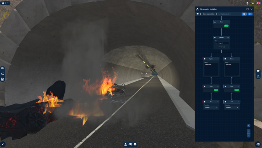 A tunnel fire scenario built by the scenario builder in Fynd CORE 
