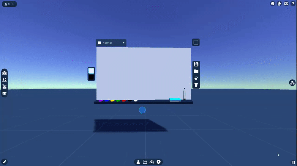 A dynamic GIF presenting a conceptual 3D whiteboard within a virtual space. The whiteboard is equipped with user interface elements, including interactive buttons for toggling between a whiteboard and a blackboard background. Additionally, for PC users, there is an option to expand the whiteboard to full-screen mode, enhancing the immersive experience of virtual collaboration.