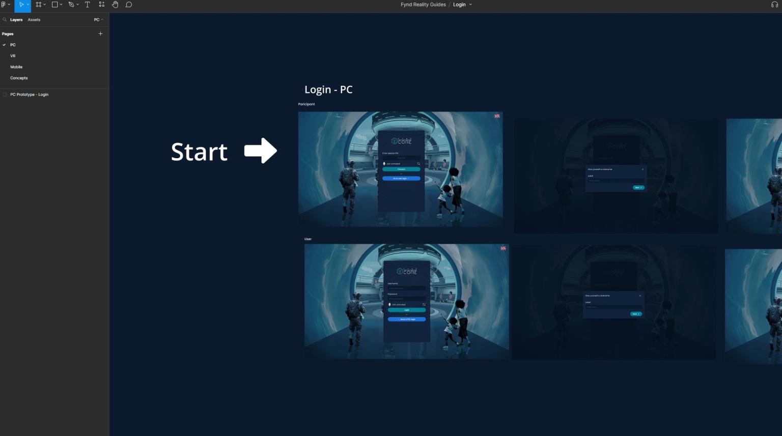 A screenshot from Figma showing how we structured our Login Menu. There is a bar on the left side showing the pages which are seperated into PC, VR, Mobile and concepts. The window on the right is showing the Login menus for PC.