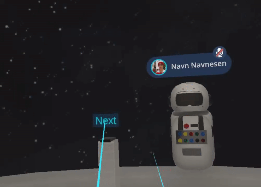 A GIF of an immersive VR experience demonstrating the prototyping of nametags. Within a futuristic space environment, an astronaut robot avatar is showcased. A "Next" button operated by a laser pointer guides the user through various nametag designs displayed above the astronaut's head