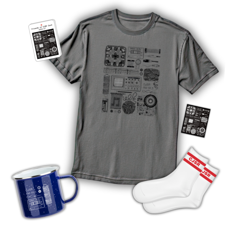 Friends of CJSR card, fridge magnet, enamel mug, grey T-shirt and CJSR socks