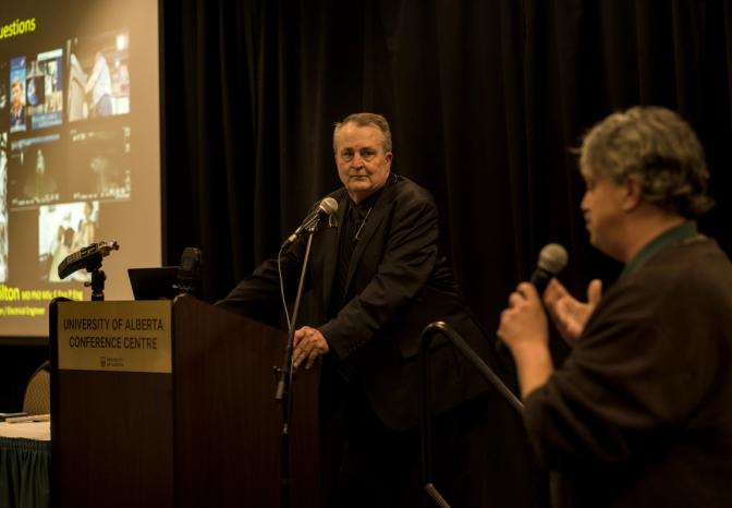 Former flight surgeon at NASA and University of Alberta graduate, Doctor Douglas Hamilton speaking at U of A