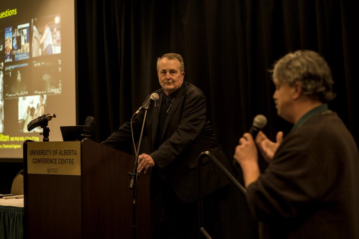 Former flight surgeon at NASA and University of Alberta graduate, Doctor Douglas Hamilton speaking at U of A