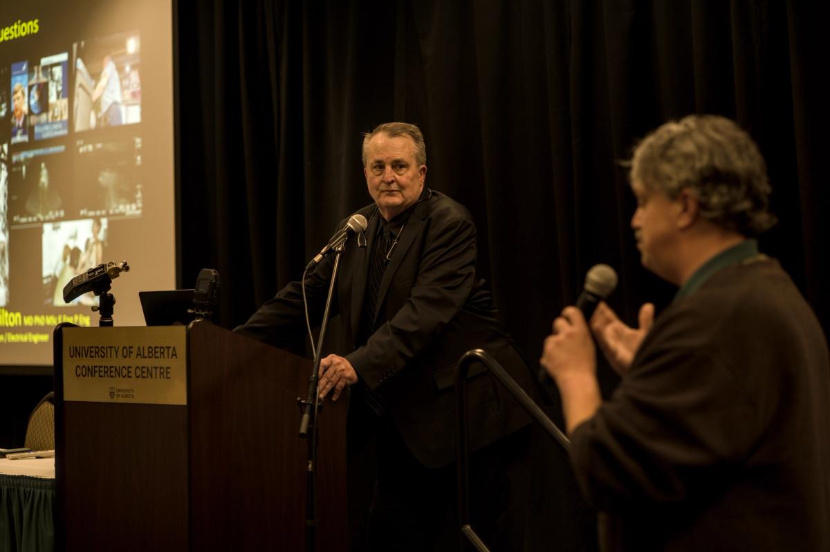 Former flight surgeon at NASA and University of Alberta graduate, Doctor Douglas Hamilton speaking at U of A