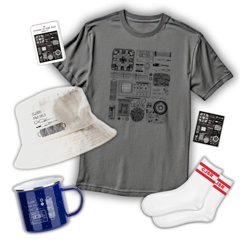 Friends of CJSR card, fridge magnet, enamel mug, grey T-shirt, CJSR socks and bucket hat