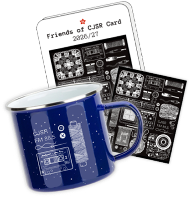 Friends of CJSR card, fridge magnet and enamel mug