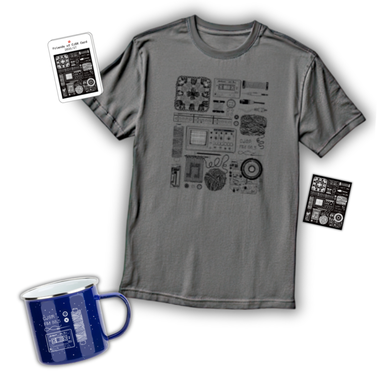 Friends of CJSR card, fridge magnet, enamel mug and grey T-shirt