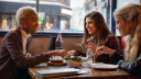 Three female adult friends socialising over a meal in a restaurant setting