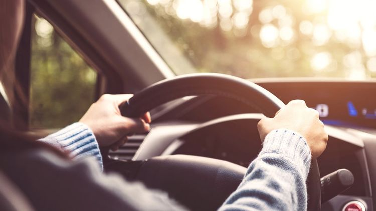One person driving a car, hands on the steering wheel, with sunlit background