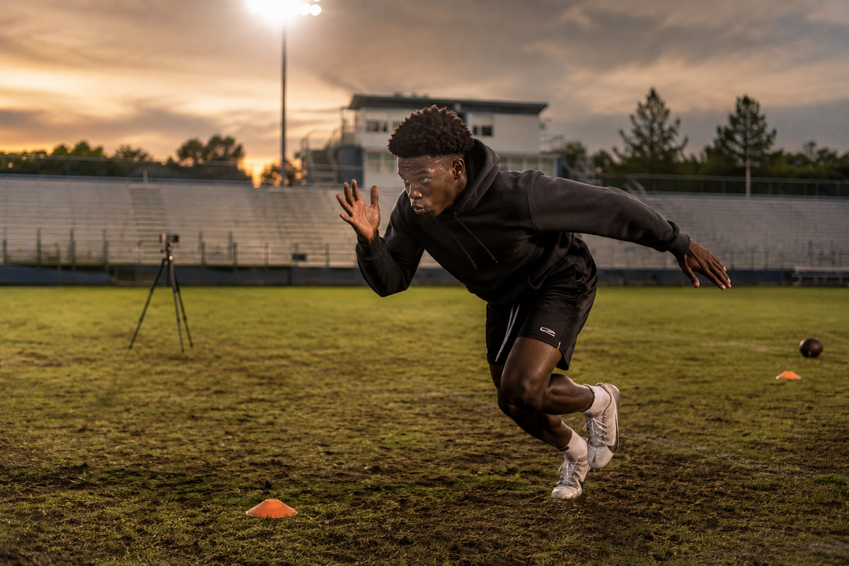 "High school athlete training at dusk under stadium lights, representing self-driven recruiting in the transfer portal era"