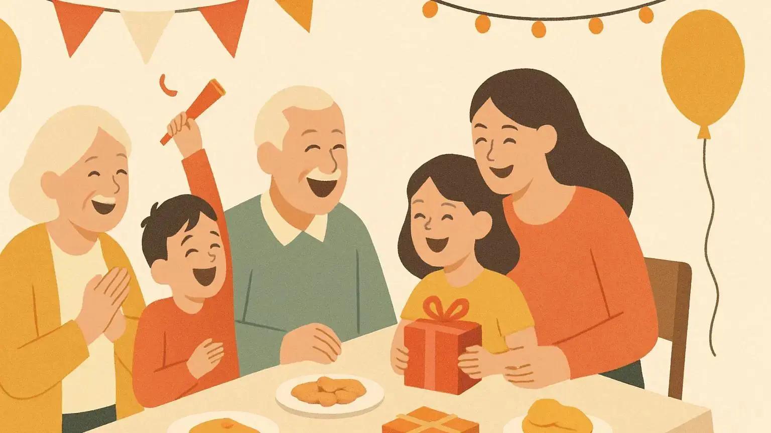 Smiling multigenerational family gathered around a table for joyful family celebrations at home