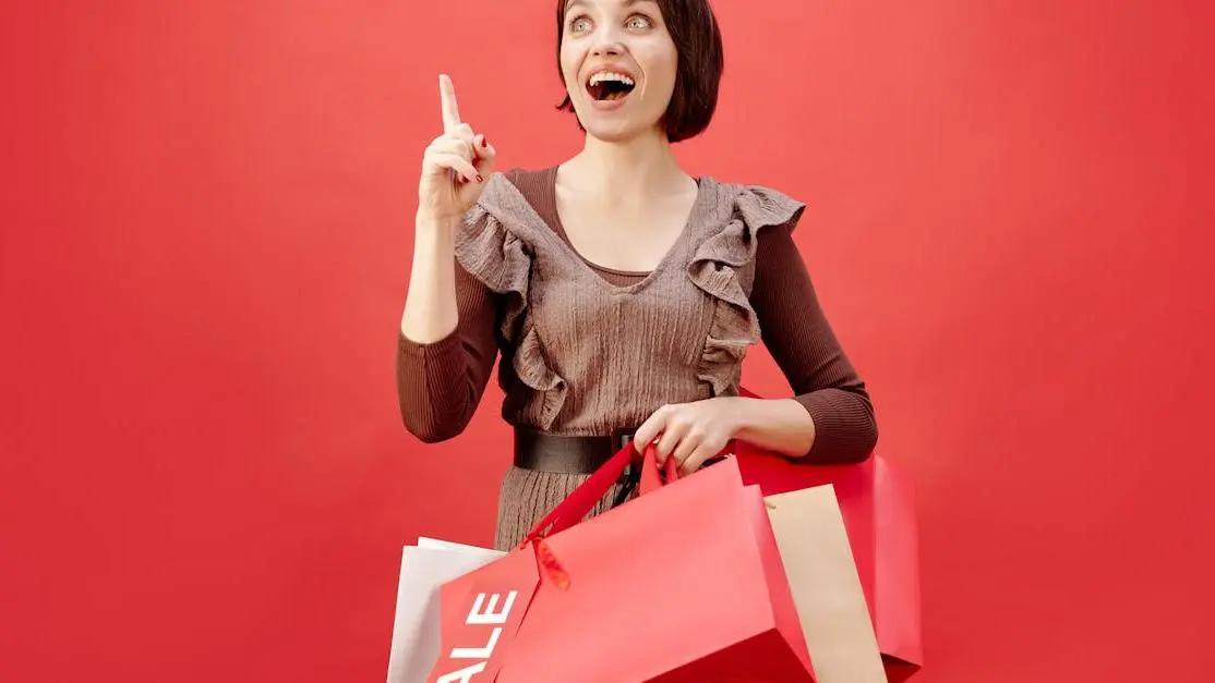 Cheerful woman with shopping bags, ideal for last-minute gift ideas in under 5 minutes.