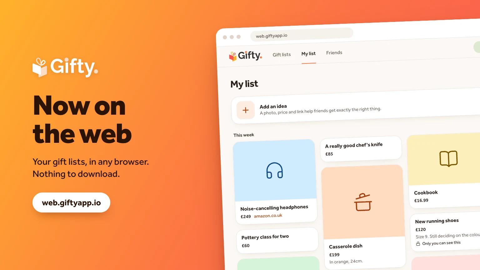 The Gifty web app showing a gift list in a browser window
