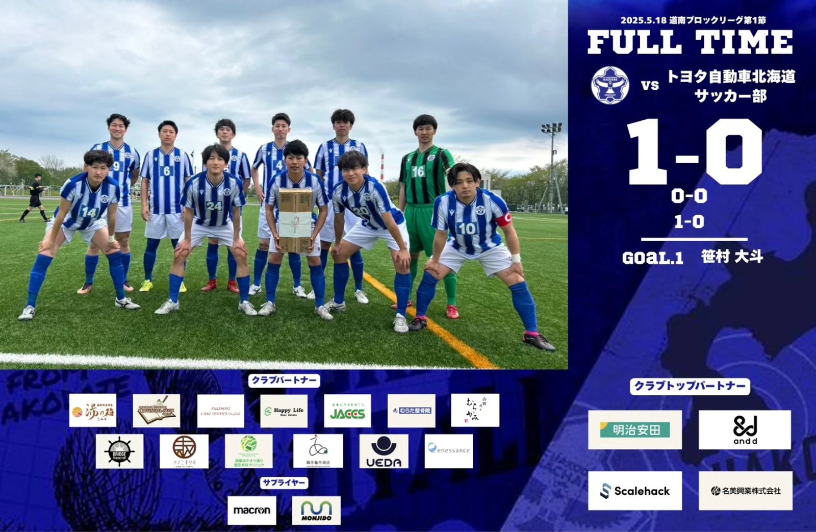 【試合結果】道南ブロックリーグ 第1節 vs トヨタ自動車北海道サッカー部 1-0
