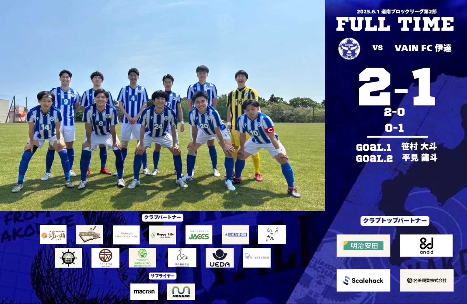 【試合結果】道南ブロックリーグ 第2節 vs VAIN FC伊達 2-1