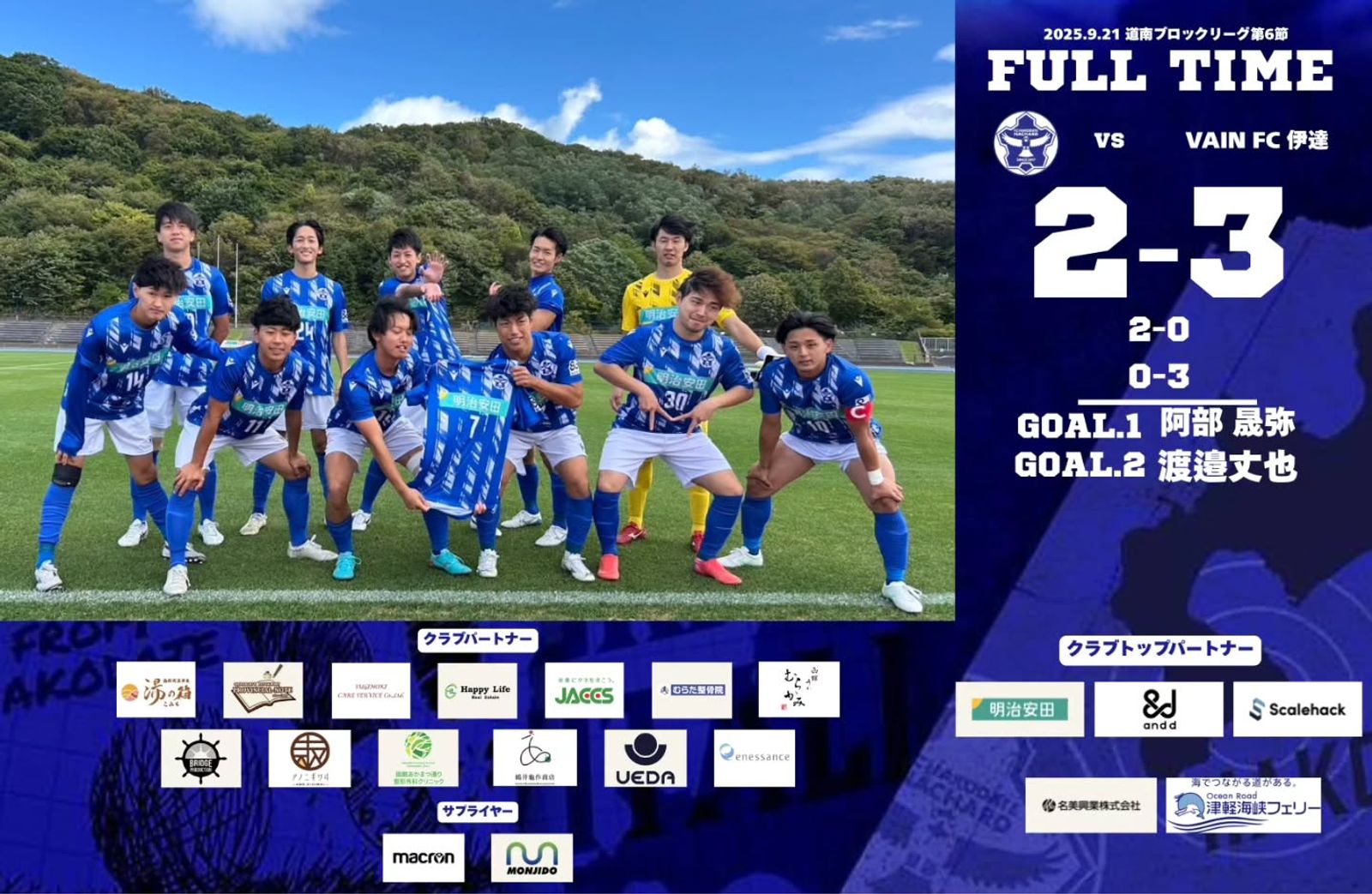 【試合結果】 道南ブロックリーグ 第6節(延期分) vs VAIN FC 伊達 2-3(敗戦)