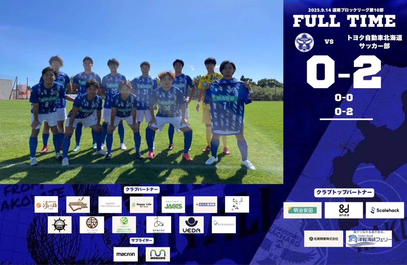 【試合結果】 道南ブロックリーグ 第10節 vs トヨタ自動車北海道サッカー部 0-2(敗戦)