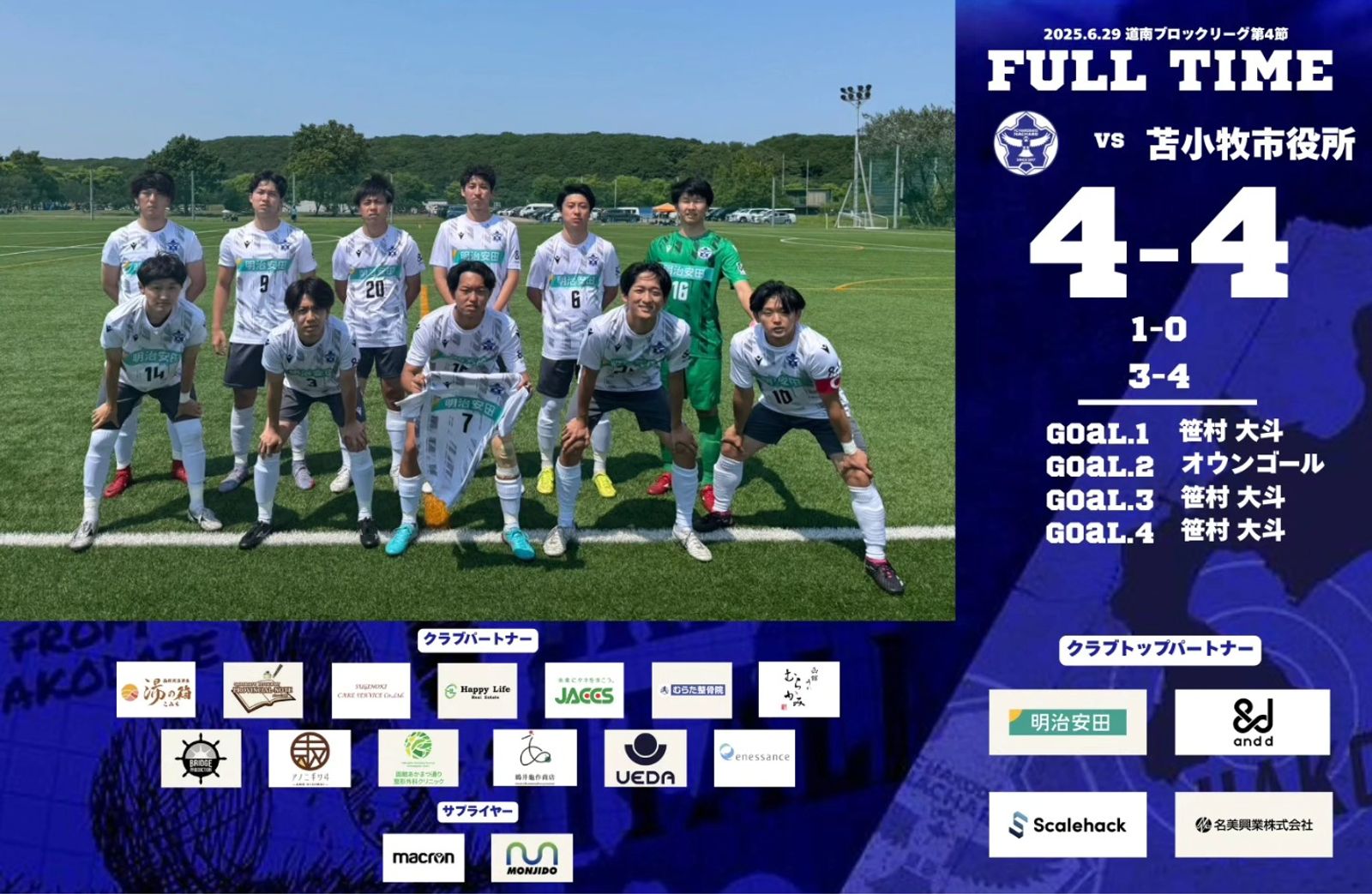 【試合結果】 道南ブロックリーグ 第4節 vs 苫小牧市役所 4-4(引分)