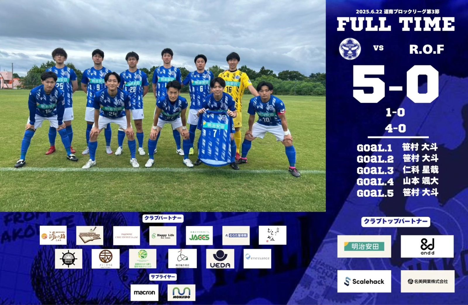 【試合結果】 道南ブロックリーグ 第3節 vs R.O.F 5-0(勝利)