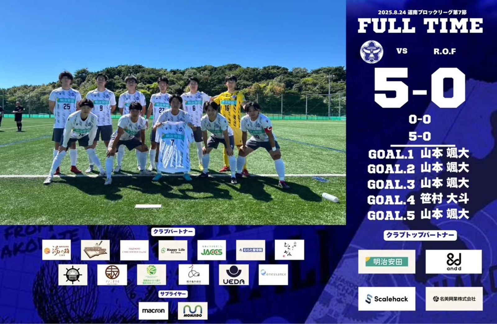 【試合結果】 道南ブロックリーグ 第7節 vs R.O.F 5-0(勝利)
