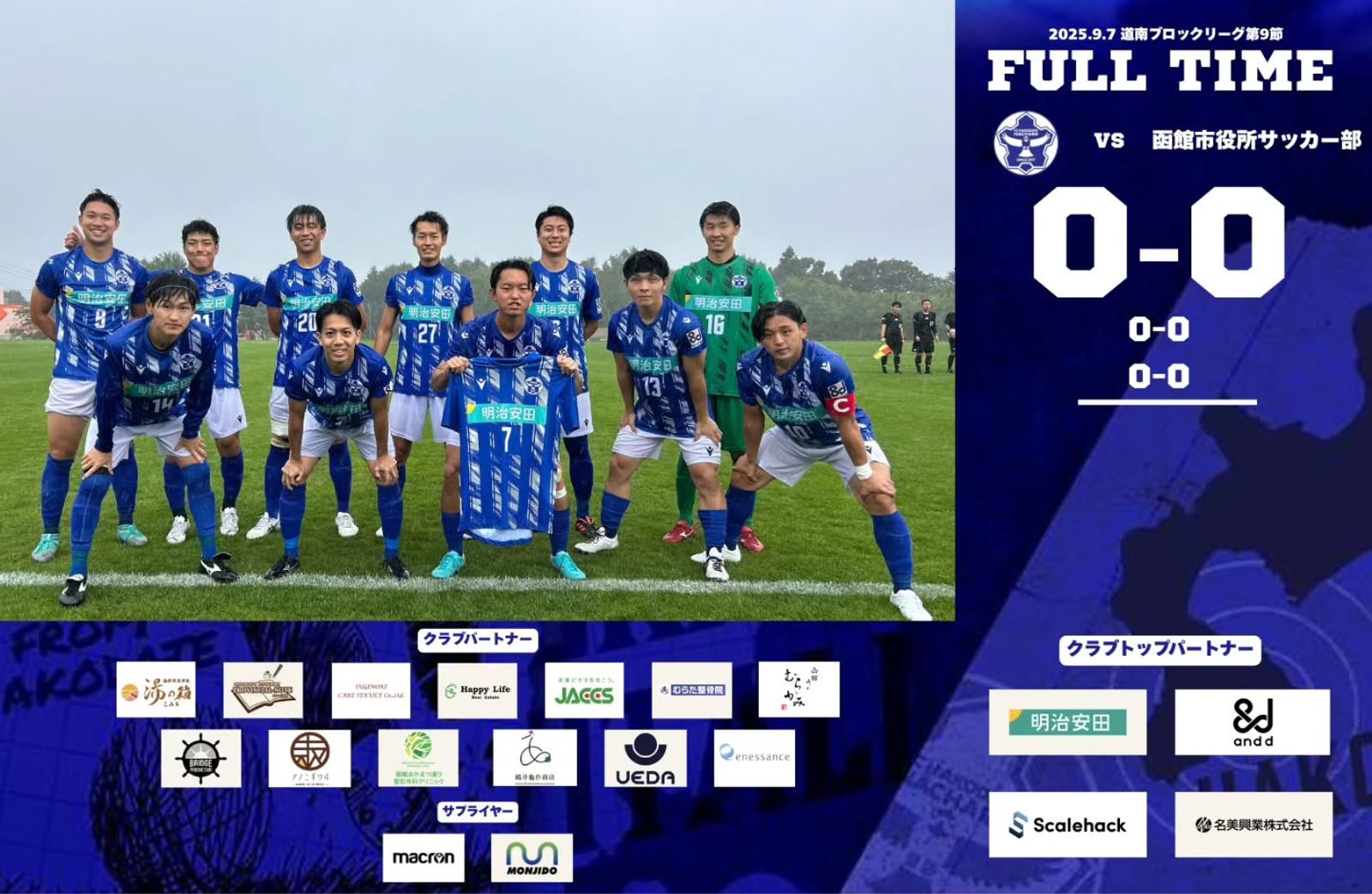 【試合結果】 道南ブロックリーグ 第9節 vs 函館市役所サッカー部 0-0(引分)