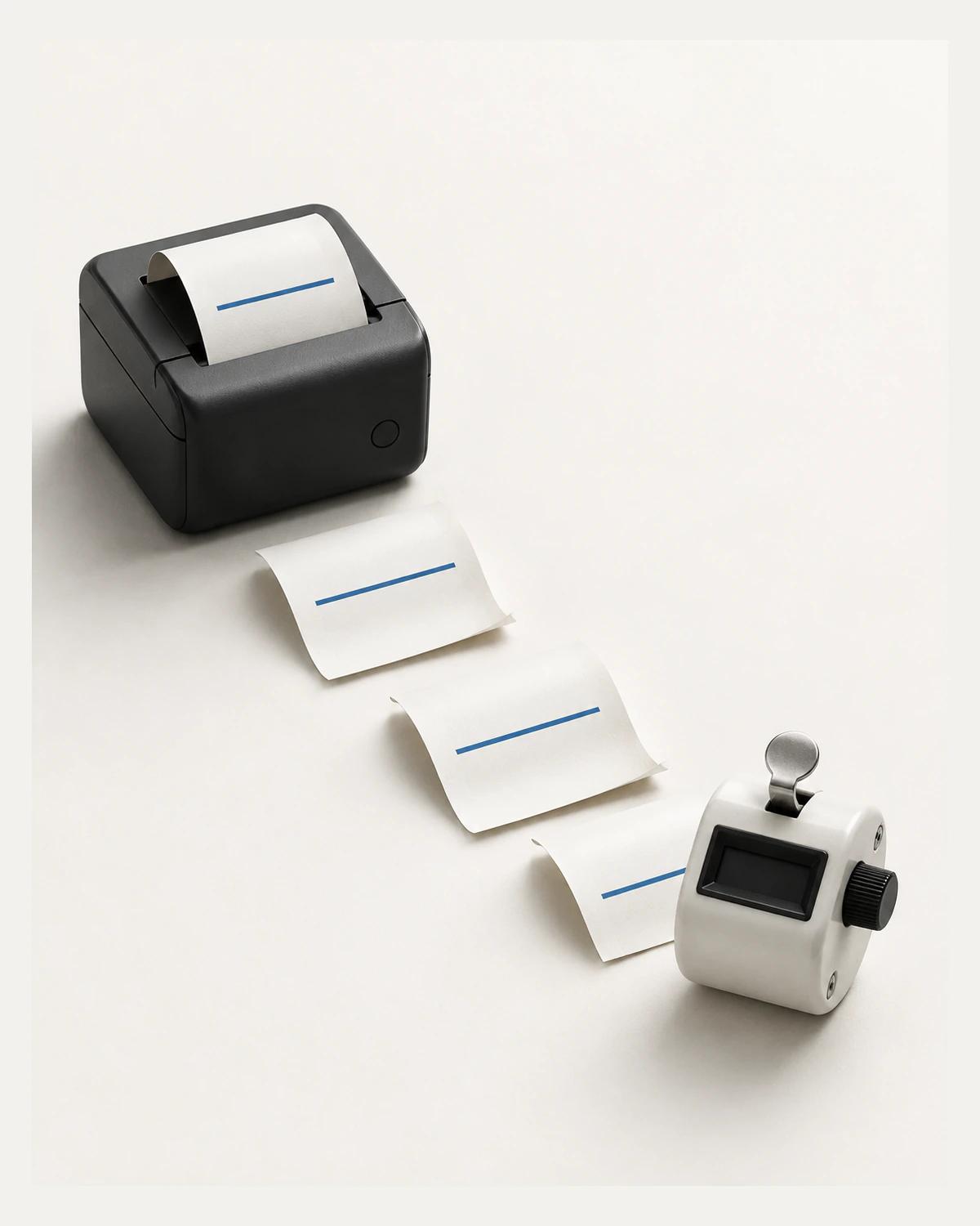 A graphite receipt printer and ivory slips with blue lines sit beside a white tally counter on a pale desk.