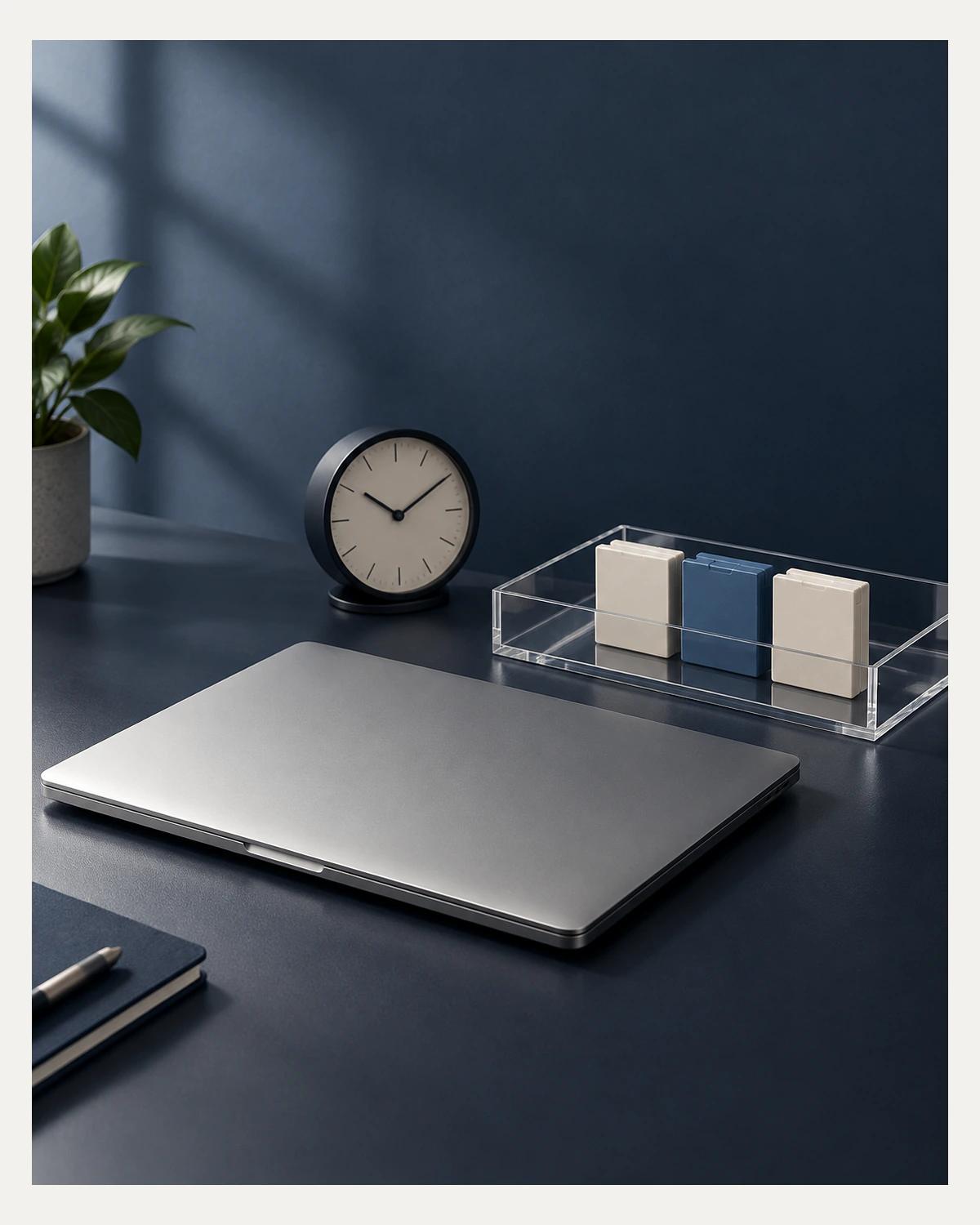 A closed silver laptop sits beside a clear tray containing three ivory and blue modules, with a small analogue clock behind it.