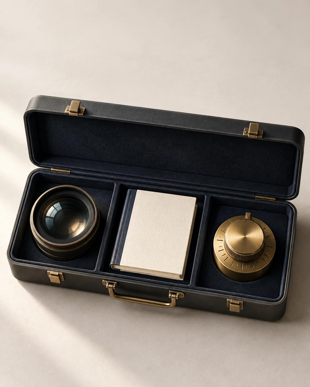 An open instrument case holding a viewing lens, a paper guide and a brass permission selector.