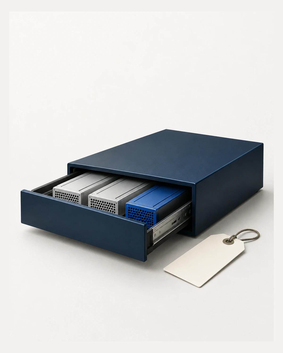 A navy equipment chassis has an open tray holding two silver modules and one blue module beside a blank ivory tag.