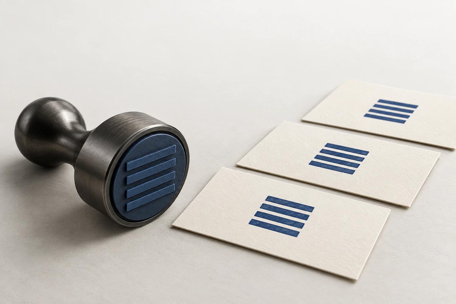 A graphite desk stamp with a ridged blue face sits beside three ivory cards bearing matching blue impressions.