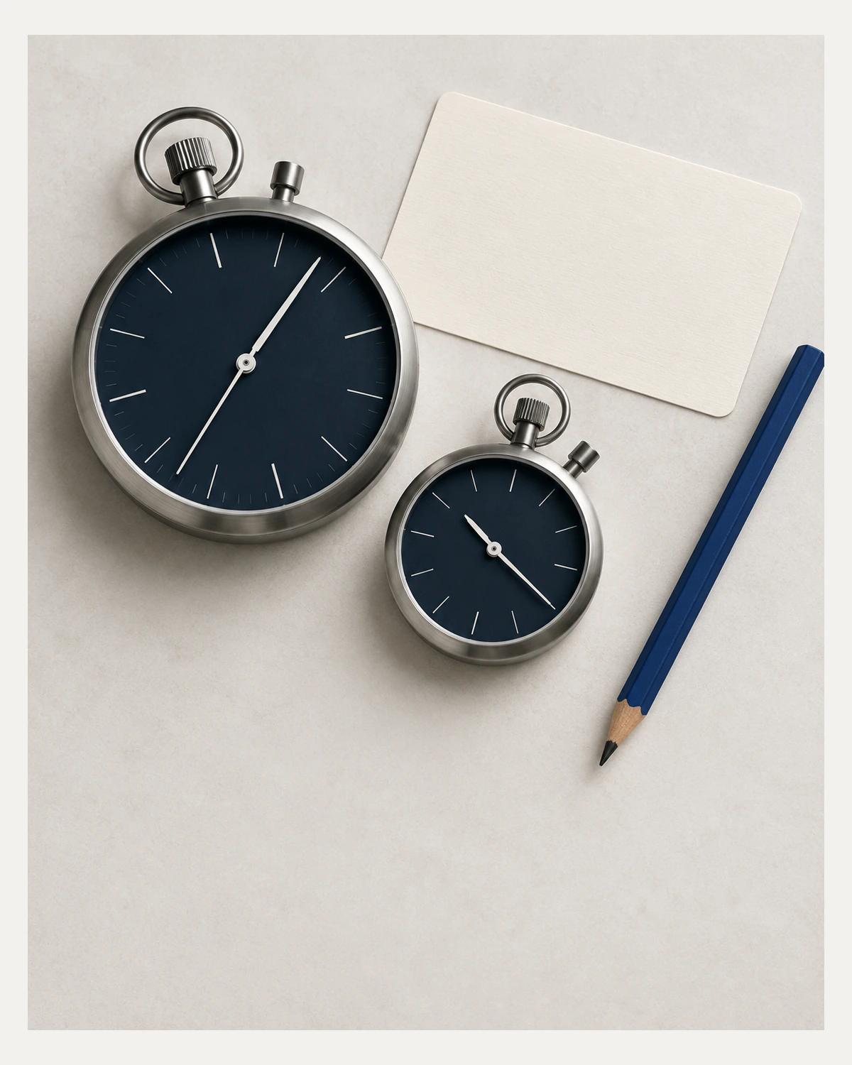 Two steel stopwatches with navy faces sit beside a blank ivory card and a blue pencil on a pale surface.