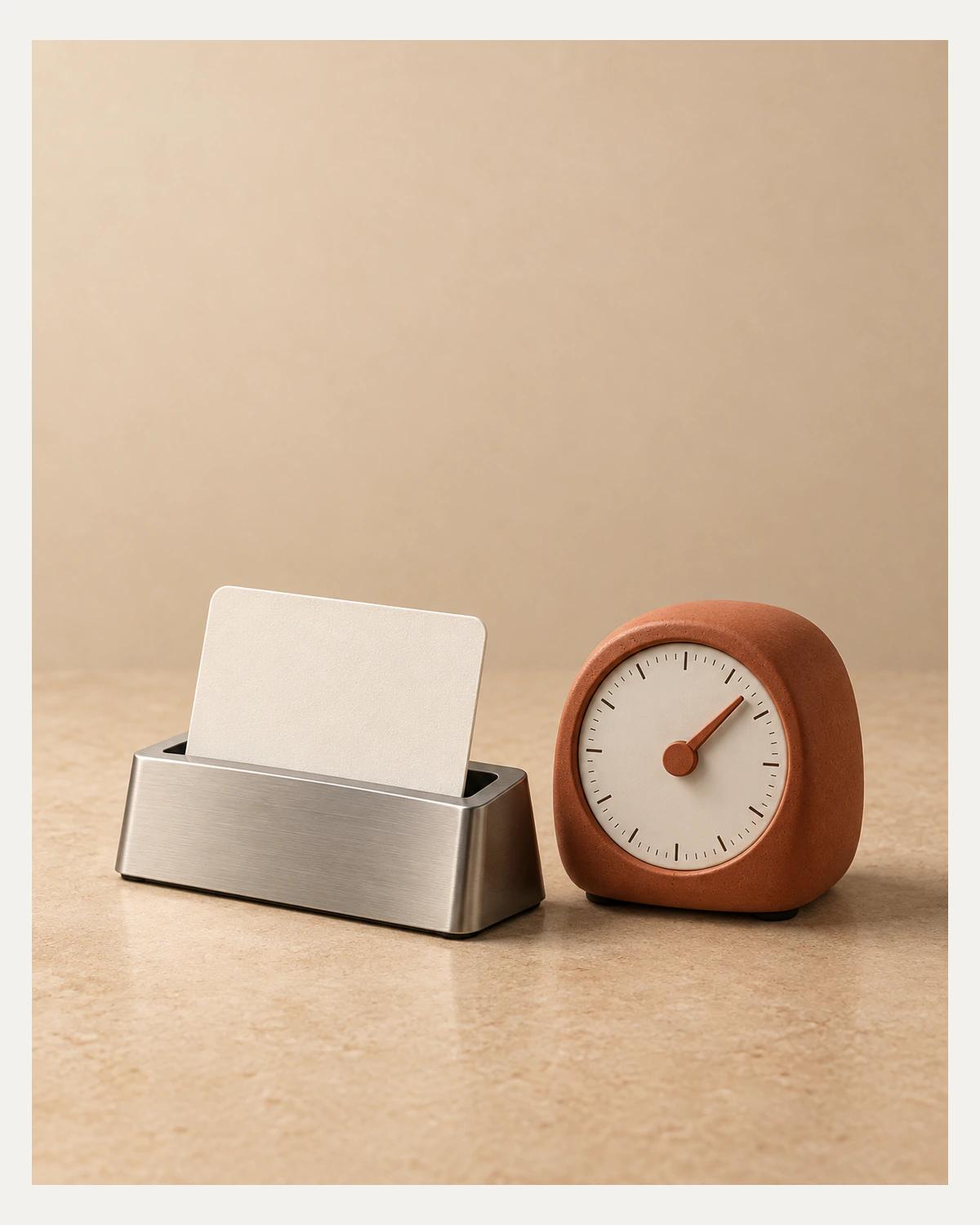 An ivory access card in a metal cradle beside a terracotta mechanical timer on a sandstone surface.