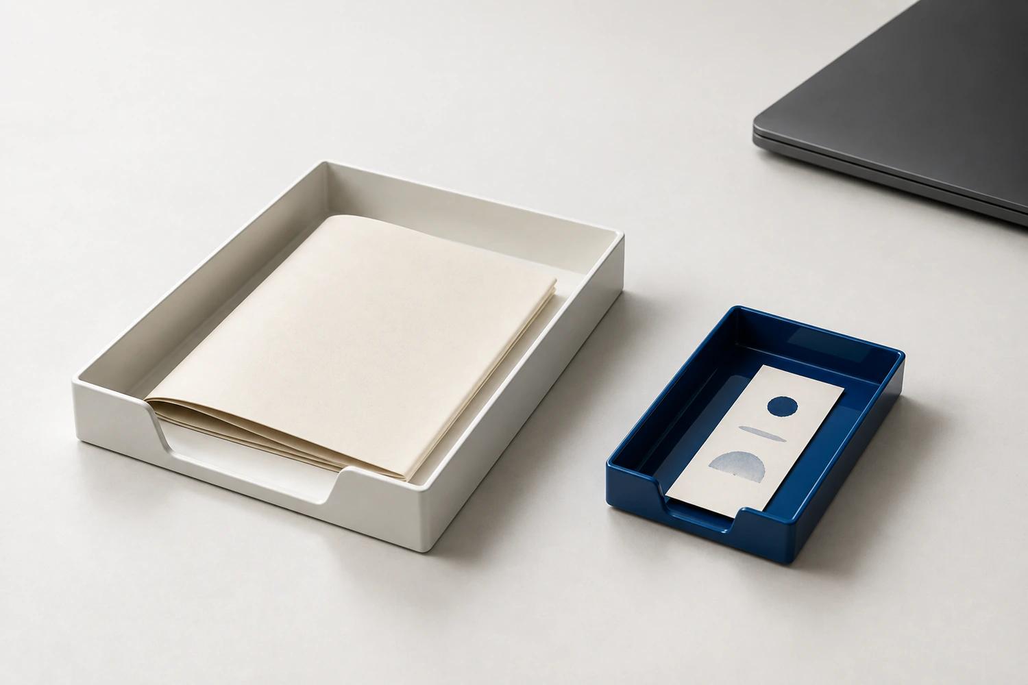 A folded document in a large white tray and a small marked paper slip in a separate blue tray, beside a closed laptop.